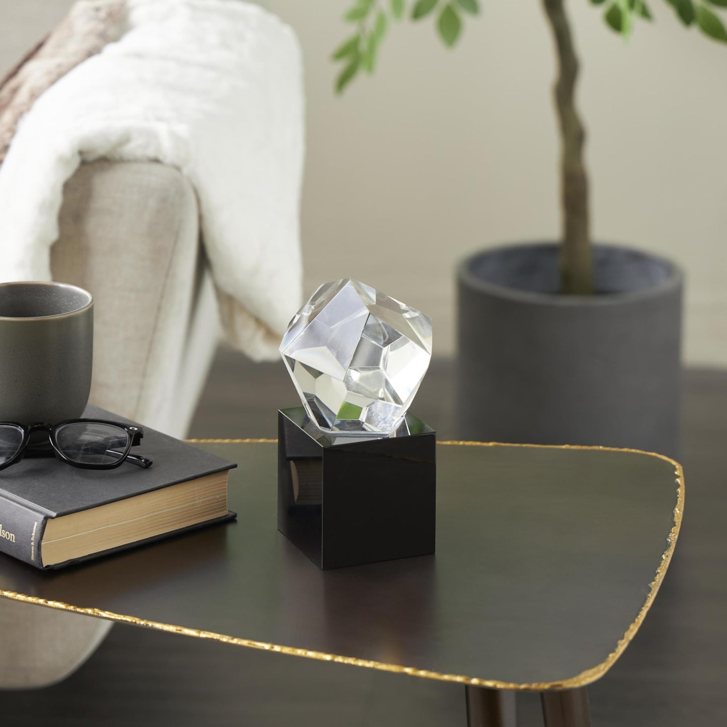 Deco 79 Glass Abstract Decorative Sculpture Cut Stone Inspired Home Decor Statue with Black Base, Accent Figurine 4" x 4" x 7", Clear