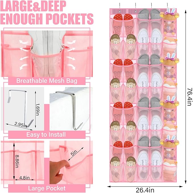 Windyun 40 Over the Door Shoe Organizer Large Breathable Mesh Pockets Pink