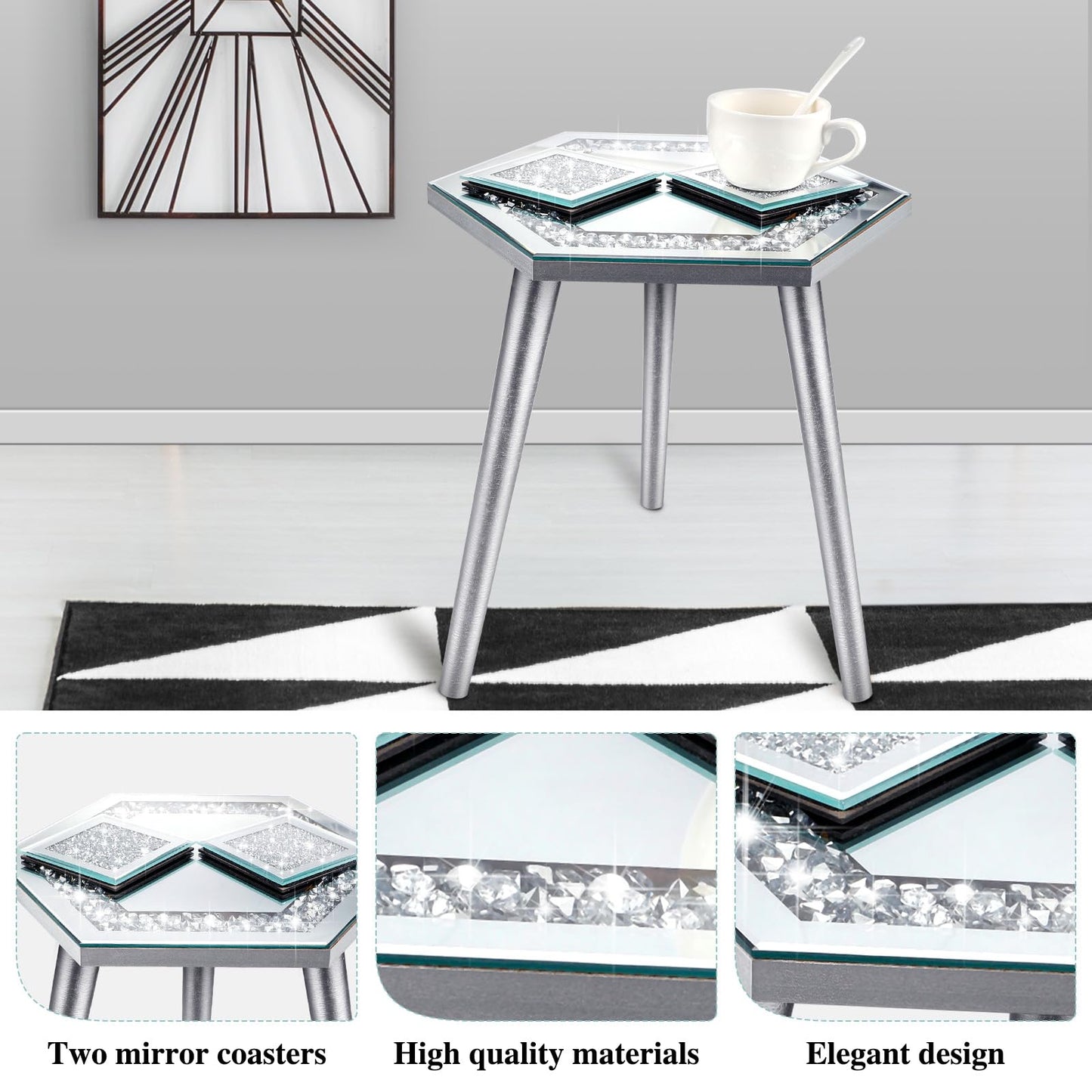 Weysat 3 Pcs Mirrored End Table with Glass Coaster Modern Silver Accent Table Bling Mirror Side Desk Crushed Crystal Coasters Crushed Diamond Cup Mat for Living Room Kitchen (Hexagonal)