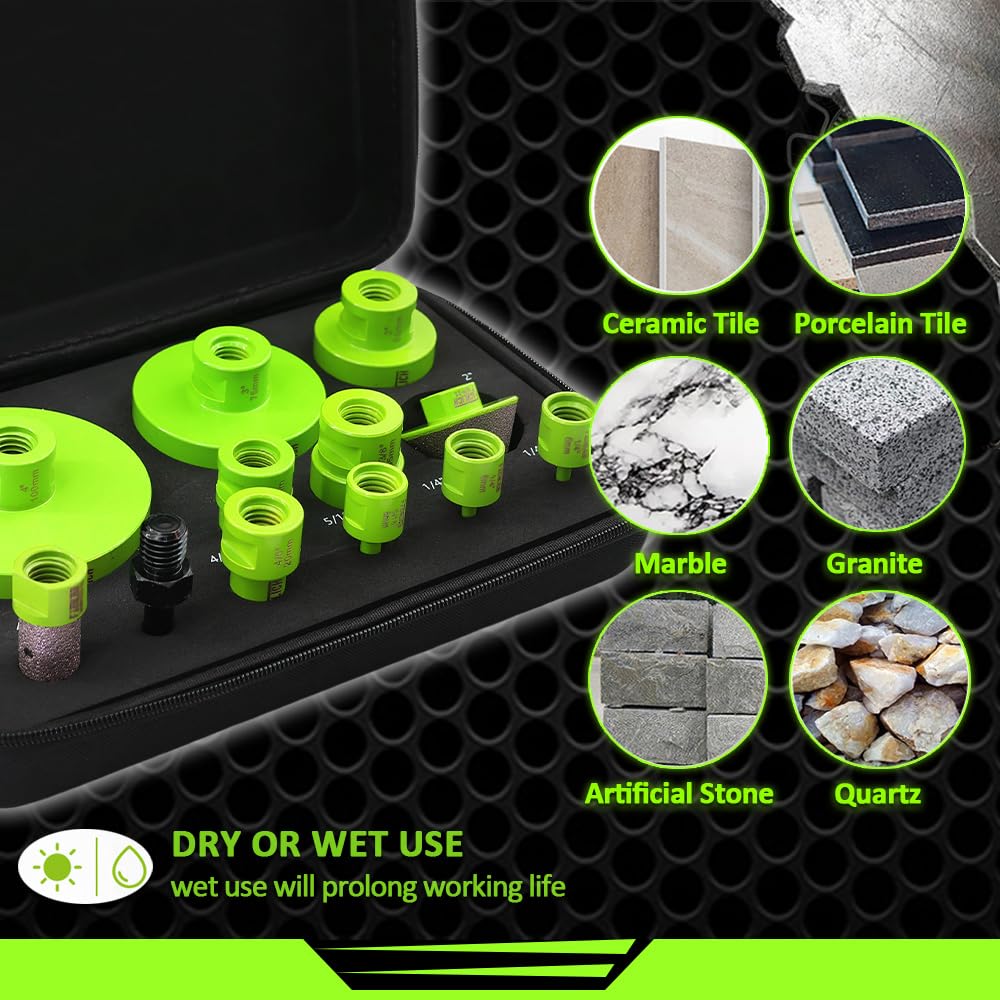 22pcs FACHLICH Tile Hole Saw Kit Diamond Core Drill Bits Set 1/4" 5/16" 4/5" 1" 1-3/8" 2" 3" 4" with 4/5" Finger Bit 2" Beveling Chamfer Bit for Porcelain Ceramic Granite Marble