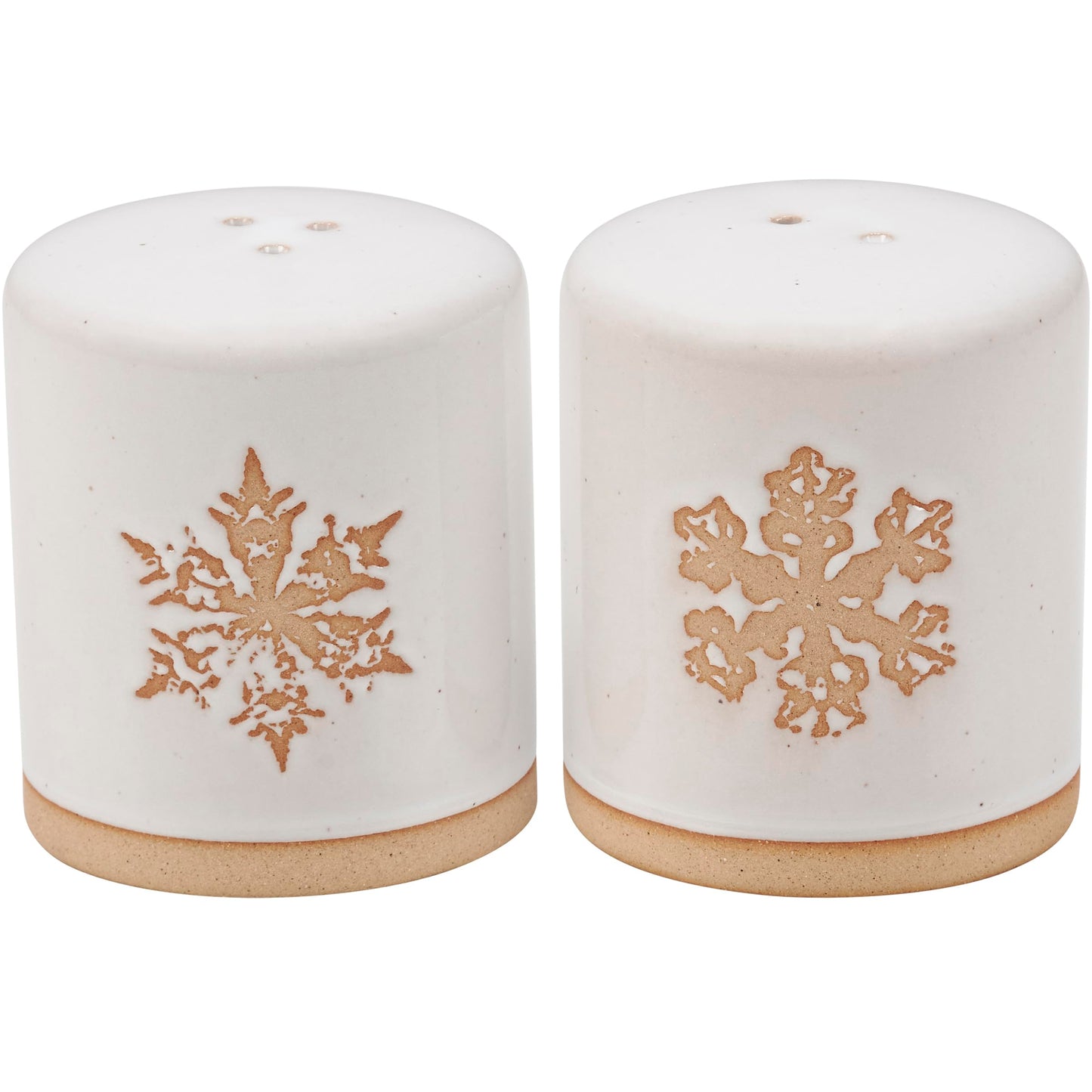 Primitives by Kathy Winter Salt & Pepper Set - stoneware salt and pepper shakers displaying a snowy cream color with individual debossed snowflake designs and bare ceramic accents