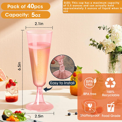 SUREHOME Pink Champagne Flutes Plastic Champagne Glasses Disposable Mimosa Glasses 40 Pack 5 Oz Acrylic Stemware Cocktail Cups Bulk for Valentines Wedding Toasting Engagement Party Supplies