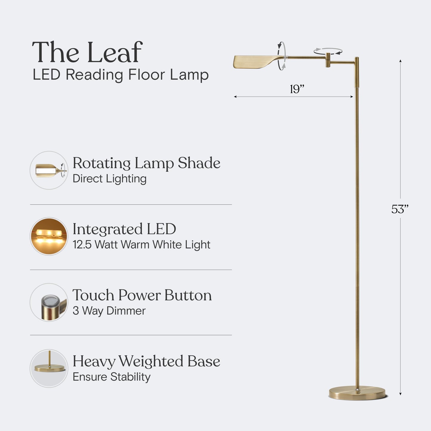 Brightech Leaf Pharmacy LED Reading Lamp, Dimmable Floor Lamp with Easy Rotation over Chair or Desk for Living Rooms & Offices, Adjustable Standing Tall Lamp, For Sewing & Crafts, Antique Brass (Gold)
