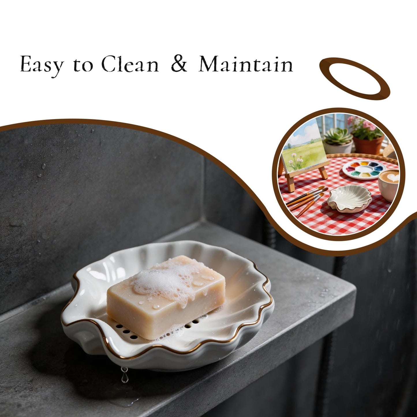 Shell Soap Dish,Ceramic Soap Dishes for Bar Soap – Decorative Bathroom Accessory with Gold Trim, Non-Slip Design, Easy to Clean, Ideal for Shower, Vanity, and Kitchen Sink Use