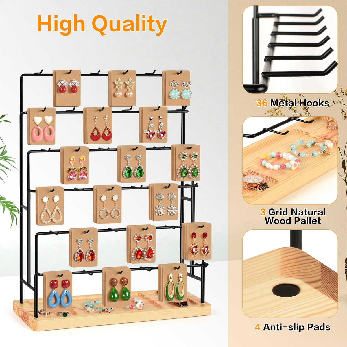 GEAMSAM Jewelry Display for Vendors, 36 Hooks Earring Display Stands for Selling, Earring Holder Organizer for Earring Cards, Bracelets, Necklaces, Rings, Keychains Retail-Burlywood