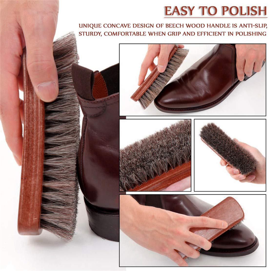 KY-Tech 2pcs Premium Horsehair Shoe Brush - Shoe Shine Brush with Horse Hair Bristles for Boots, Car Seats, Sofas, Bags