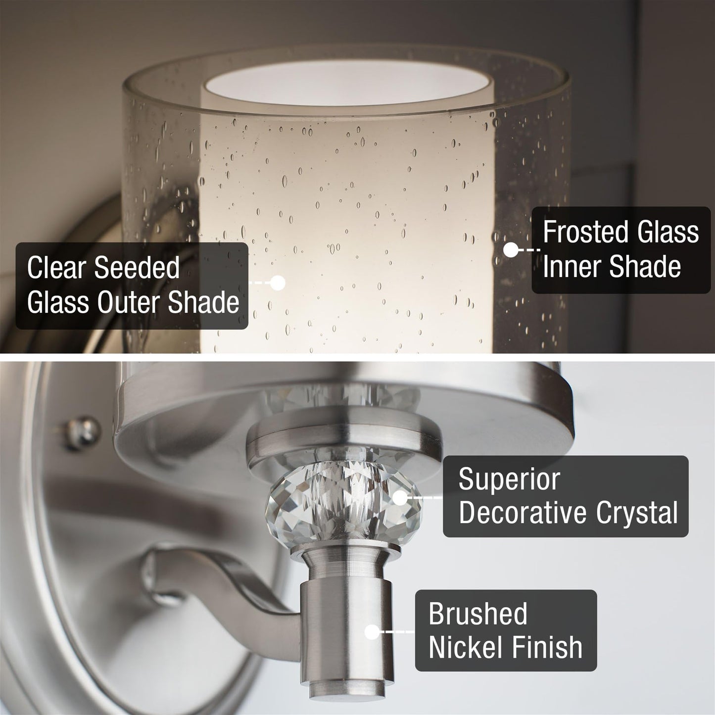 Kira Home Victoria 10" Modern Crystal Wall Sconce, Dual Glass Silver Wall Light with Seeded and Frosted Glass, Brushed Nickel Finish