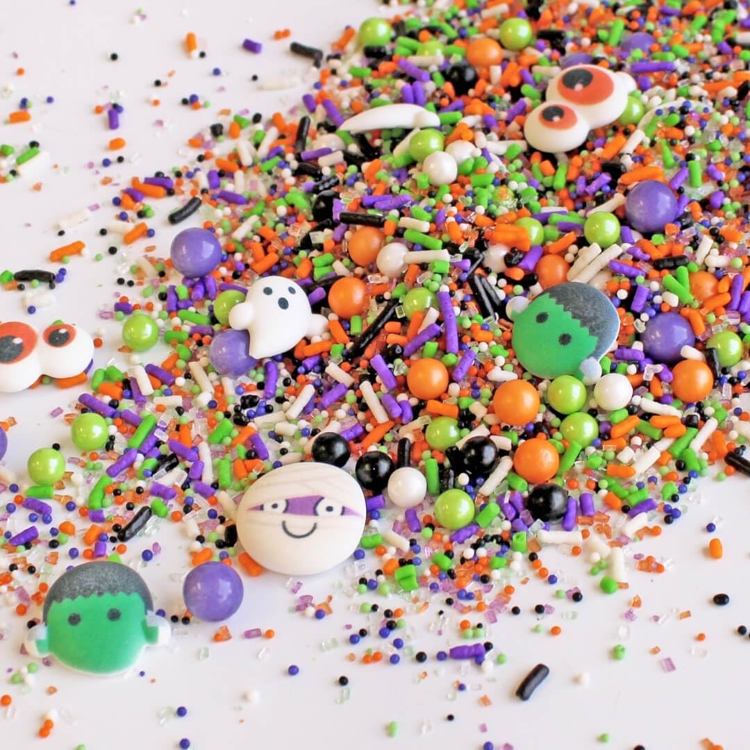 Sprinkle Pop Monster Mashup Sprinkle Mix| Orange Black White Lime Purple Sprinkles| Halloween Sprinkles with ~6 monster, ghosts, creepy eyeballs Made in USA for Decorating Cakes Cookies Cupcakes, 2oz