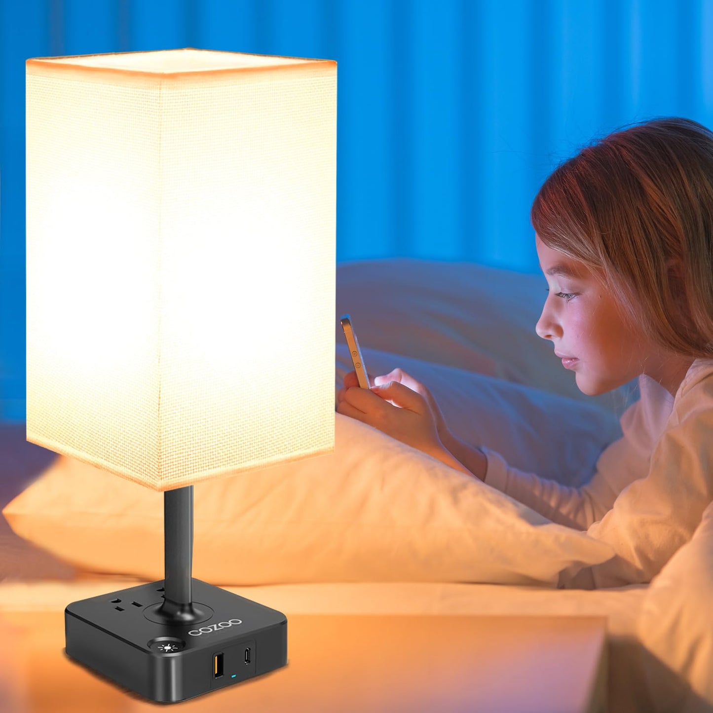 cozoo Bedside Table Lamp with 3 Levels Brightness,Dimmable Table Lamp with USB C+A Charging Ports,2 AC Outlets,Nightstand Lamp White Shade,Touch Bedroom Lamp for Living Read Work