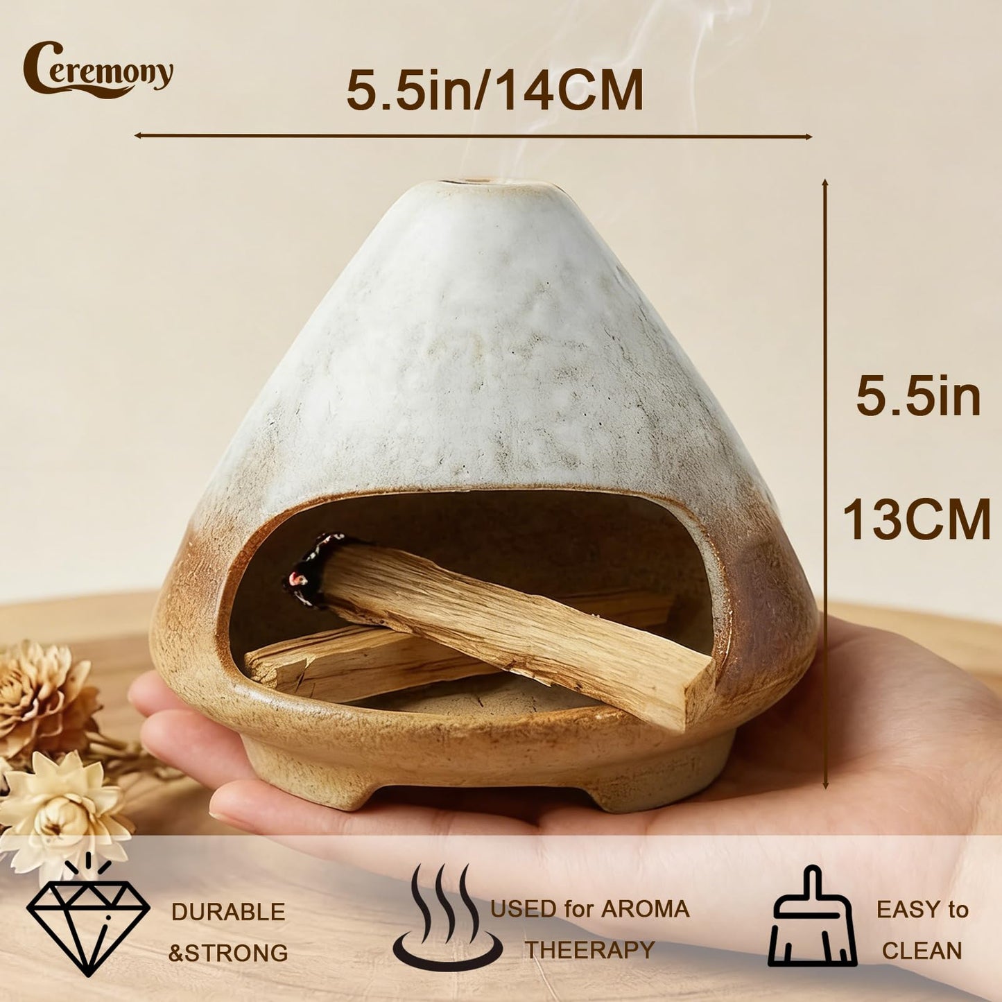 CEREMONY Palo Santo Holder -Mini Ceramic Incense Holder for Palo Santo and Sticks - White Sage Holder for Meditation Decor Ceremony Incense with Glass Gray Collector (Brown-Mount Fuji)