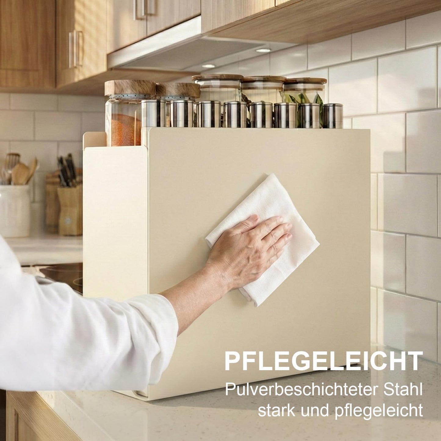 Sharkwave Living 2 Tier No Assembly Pull Out Spice Rack Countertop, Sliding Drawer for Tall Bottles, with Magnetic Panels with Paper Towel Holder and 4 Hooks