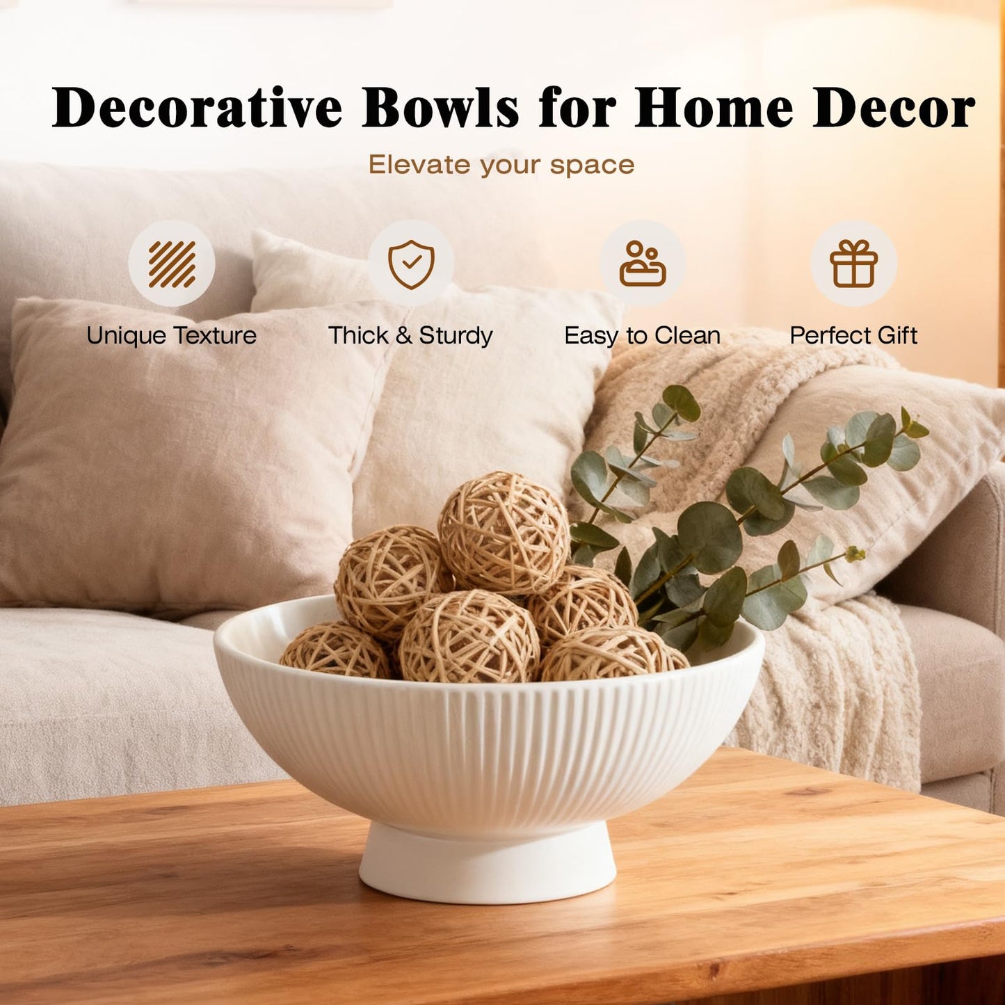Richtmall Decorative Bowl 8 Inch Fruit Bowl for Kitchen Counter Modern Pedestal Footed Centerpiece Bowl for Coffee Table & Home Decor Fall Catch-All Bowl for Key, Candy, White