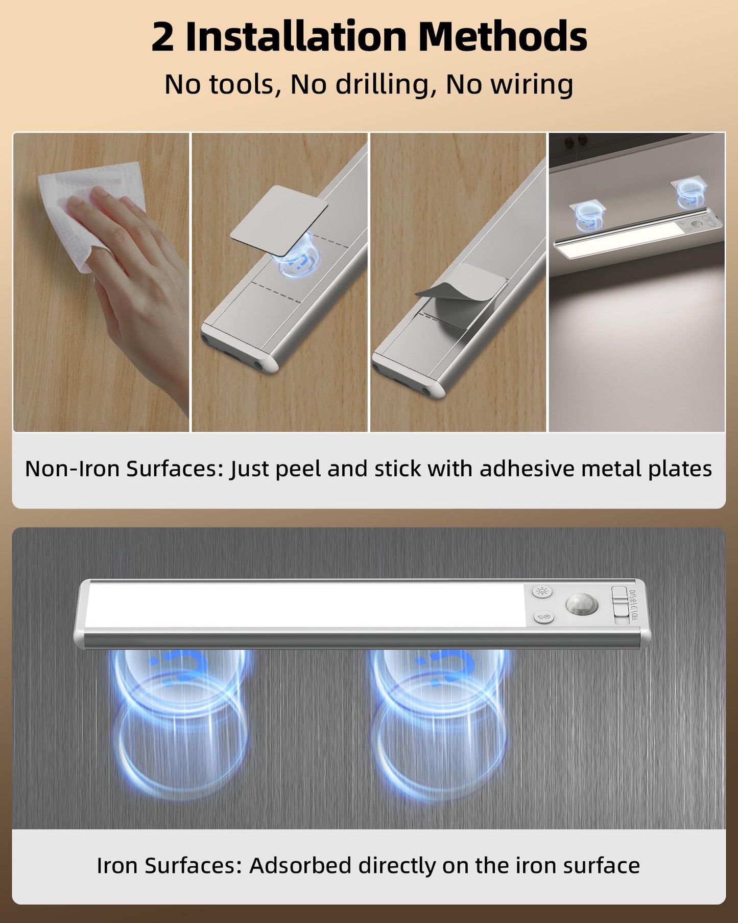 EZVALO 8" Under Cabinet Lighting, 2400mAh Rechargeable Motion Sensor Light Indoor, Mini & Slim Design, 3 Color Temps, Dimmable Magnetic Wireless Closet Lights for Kitchen, Pantry, Stairs (2 Pack)