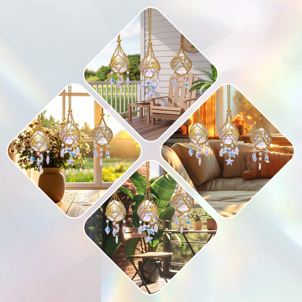 CRAFTYMELODY 3pcs Crystal Ball Prism Suncatchers Hanging Golden Rainbow Maker Window Hang Sun Catcher Pendant with Crystals Star Chain 28.8mm for Indoor Home Garden Wedding Decor DIY Crafts Jewelry