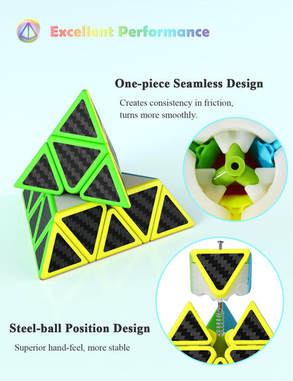 ROXENDA Speed Cube Set, 2X2 3X3 4X4 Pyramid Cube Stickerless with Instruction [4 Pack] (Carbon Fiber Cube Set)