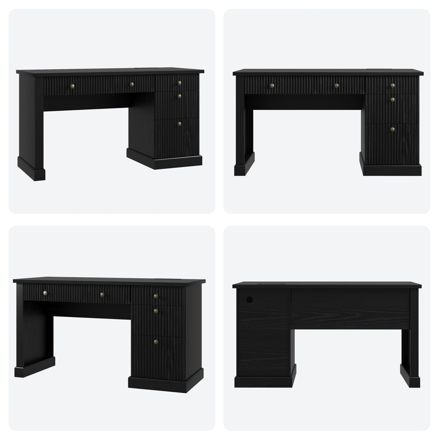 IDEALHOUSE Modern 54" Executive Office Desk with Fluted Details & Charging Station - Wooden Computer Desk with File Drawers, Home Office Storage Desk for Study, Living Room or Bedroom, Black