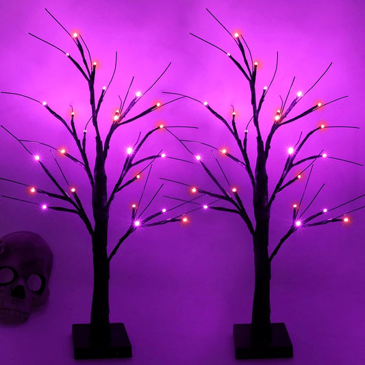 Halloween Decorations Indoor, 2-Pack 2FT Lighted Black Halloween Tree with 48 LED Orange & Purple Lights, Timer Function Battery Operated Halloween Trees Lights Spooky Tree for Tabletop Home Party