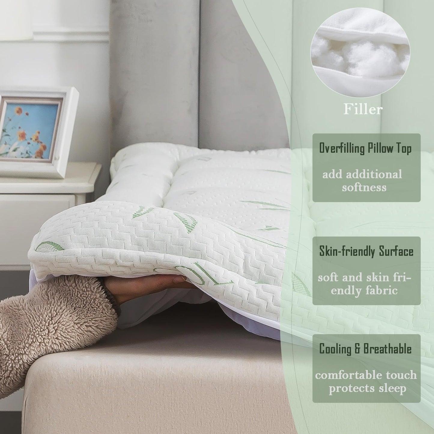 WhatsBedding Mattress Topper Queen, Soft Pillow Top Mattress Topper with Deep Pocket Fits 8–21 Inch,7D Spiral Fiber Filling, Bamboo Viscose Air Layer Queen Mattress Topper.