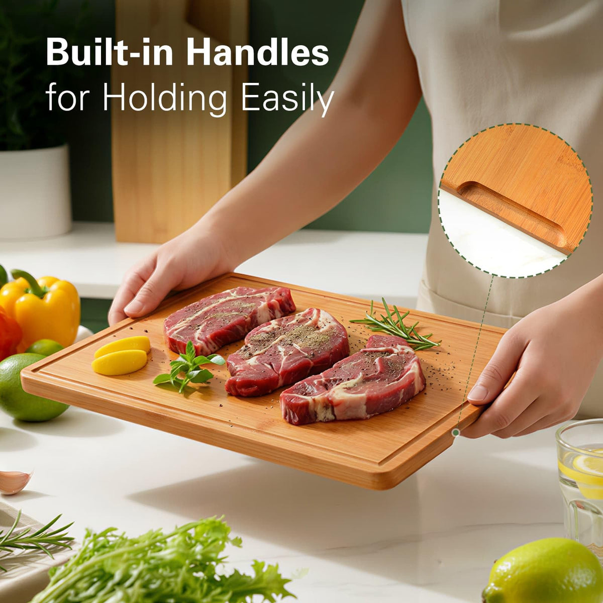 Zarler Bamboo Cutting Boards for Kitchen, Wood Cutting Board with Juice Grooves and Handles, Wooden Chopping Board Set for Meal Prep, 500℉ Carbonized Bamboo, XL Size, Ideal Kitchen Gift