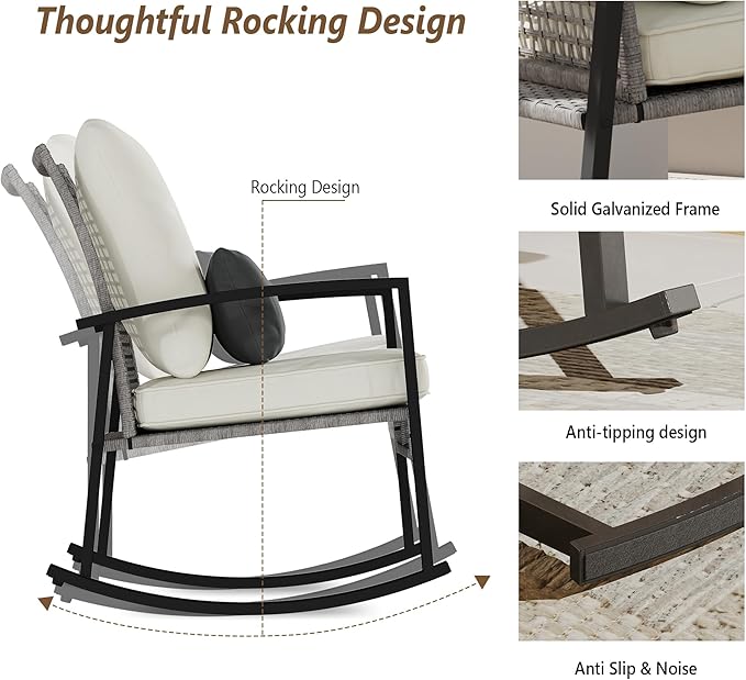 3 Piece Patio Rocking Chairs Set of 2, Outdoor Rocking Chair Bistro Set with Tempered Glass Coffee Table and Thick Lumbar Pillow Set, Front Porch Chairs for Garden, Backyard (Gray Rattan)