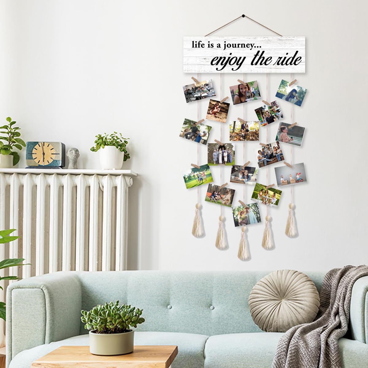 Gwisml Hanging Photo Display with 16 Clips 5 Strings,Rustic Style Picture Collage Frames Wall Decor Wood Hanging for Home Living Room Décor,Housewarming Gifts,Life is A Journey Enjoy The Ride