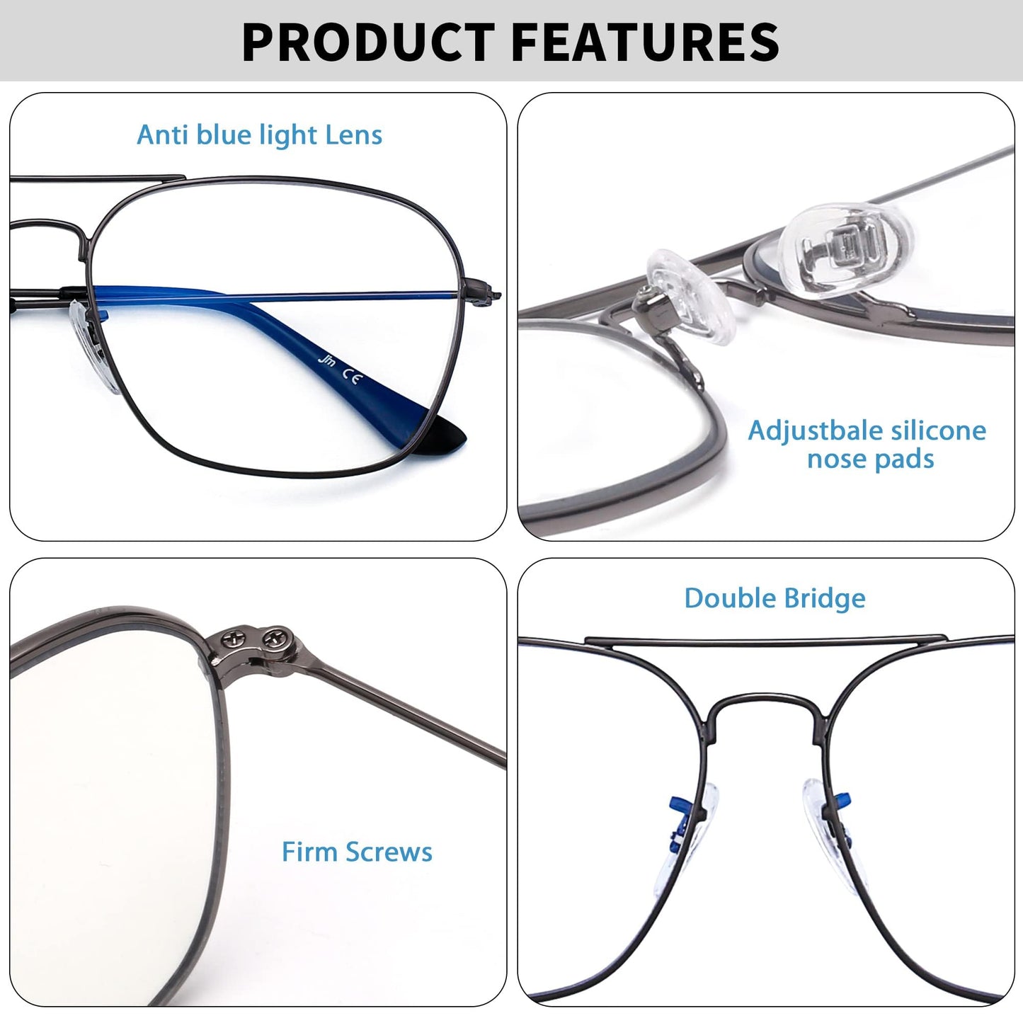 JM Blue Light Blocking Computer Glasses, Square Eye Protect Video Eyeglasses Anti Glare Men Women (Gunmetal Frame Black Temple Tips)