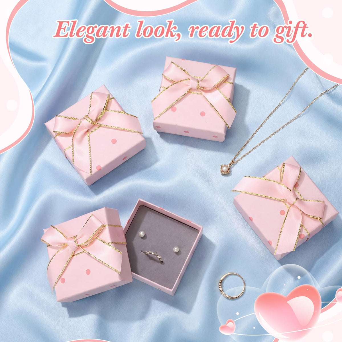 Nosiny 60 Pcs Pink Jewelry Gift Boxes 3 Inch Cardboard Jewelry Packaging Boxes with Polka Dot Bow Bulk Gift Box Square for Necklace Bracelet Ring Badge Brooch Earring Selling Boutique Wedding Party
