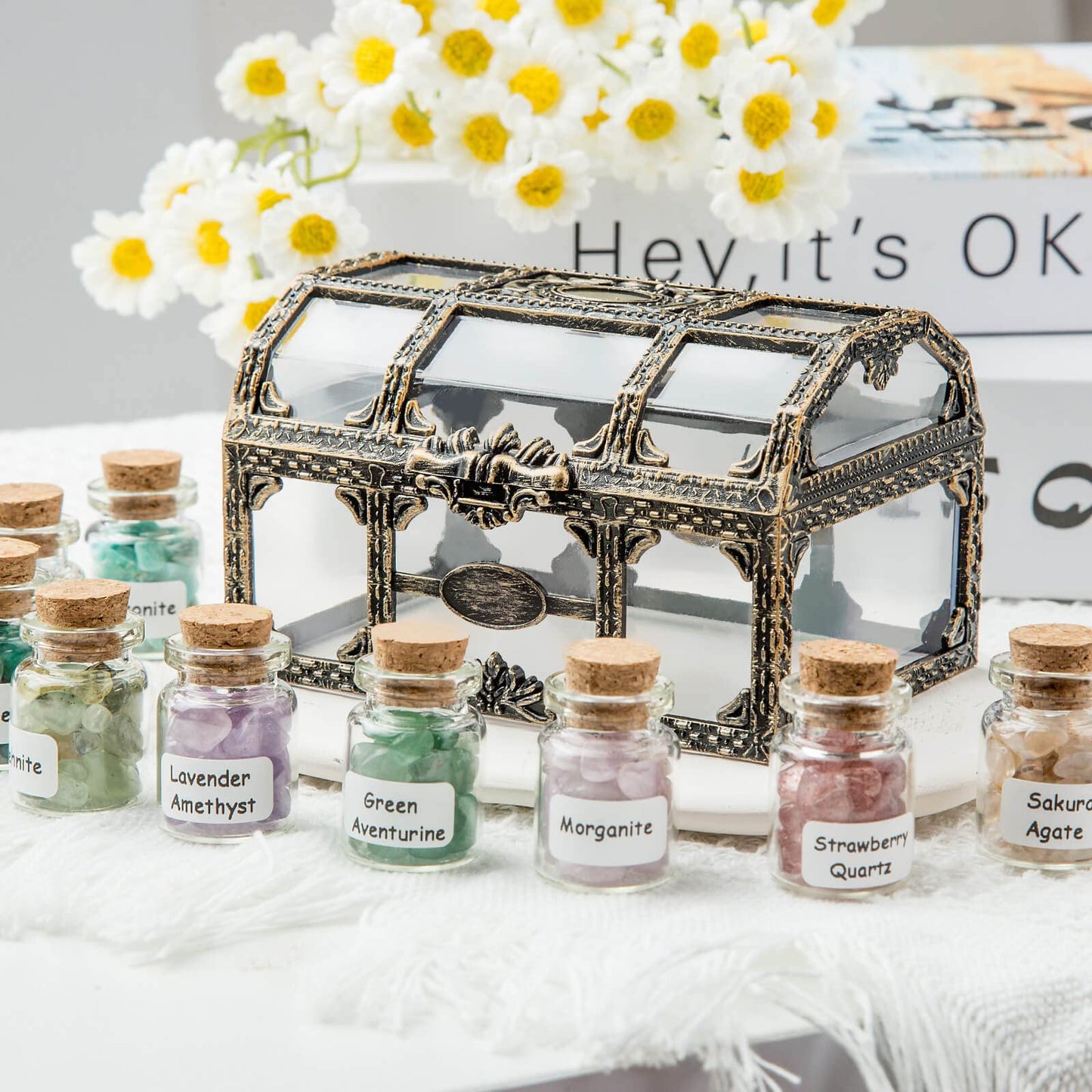 Crystal Chips Gemstone Bottles Set of Different Mini Crystals for Spell Jars, Healing Crystals for Witchcraft in Vintage Box, Chakra Crystals and Healing Stones Set Witch Gifts Witchcraft Supplies