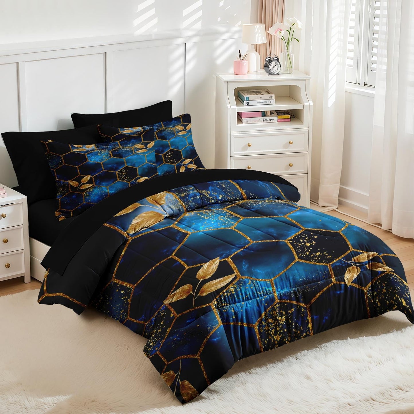 Nesker Comforter Set Queen Size, Luxury Geometric Hexagon 7 Pcs Bedding for Kids and Adults, Navy Blue Gold Marble Leaves Bed Sheet Sets with Fitted Sheet 2 Pillowcases & 2 Shams