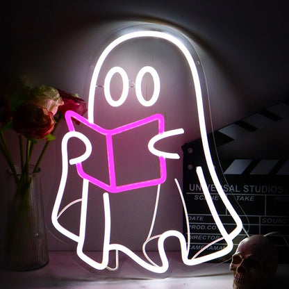 Ghost Reading Book lamp, Reading Ghost Neon Sign Led Reading Room Neon Sign Hanging Reading Book Neon Light For Bedroom Home Library Read Club Kids Room Store Book Lover Gifts(USB Sign)