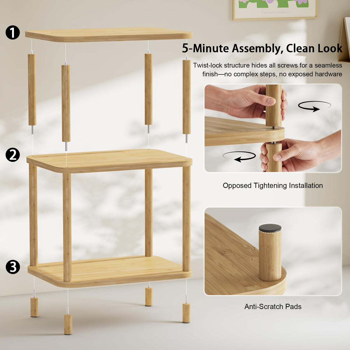 SANLUCE Bamboo End Table, Side Table for Small Space with Storage Shelf, Small Table Stand, Narrow Wooden Bedside Table Nightstand, Toolless Assembly, for Nursery, Living Room, Bedroom, Natural