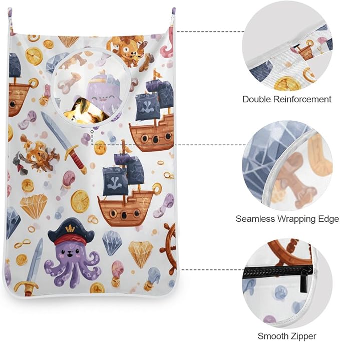 Cute Pirate Octopuses Sailboats Diamonds Hanging Laundry Hamper Door Hampers