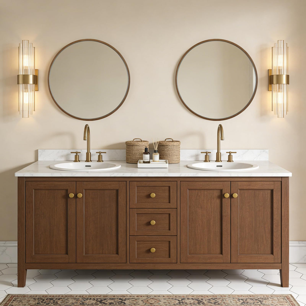 WallBeyond Wood Round Mirror with Wood Frame 24 inch Circle Wall Mirror for Bathroom Round Wall Mirror for Wall Decor, Vanity, Entryway Living Room (Walnut)