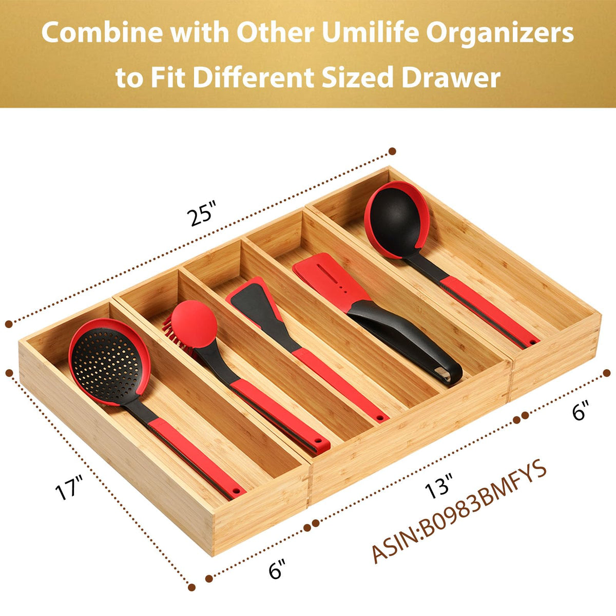 Umilife Bamboo Kitchen Utensils Organizer, Extra Long High Silverware Drawer Holder, Flatware Cutlery Storage Box, Multi-Use Drawer Divider in Office, Bathroom, Pantry - 17"x6"x2.5" (Set of 2)