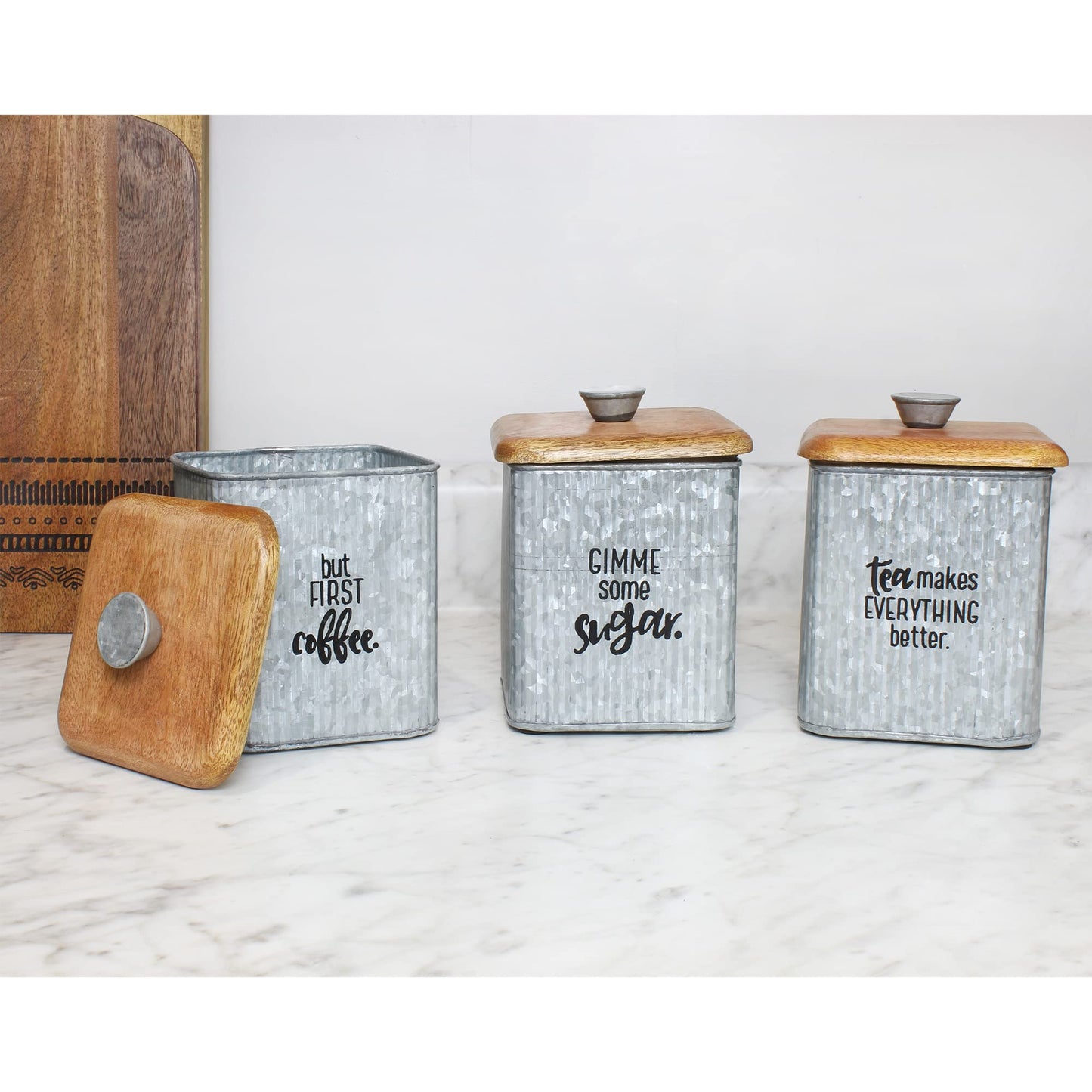 AuldHome Design Farmhouse Galvanized Canisters (Set of 3); Storage Containers for Coffee, Tea and Sugar in Galvanized Iron and Wood Design