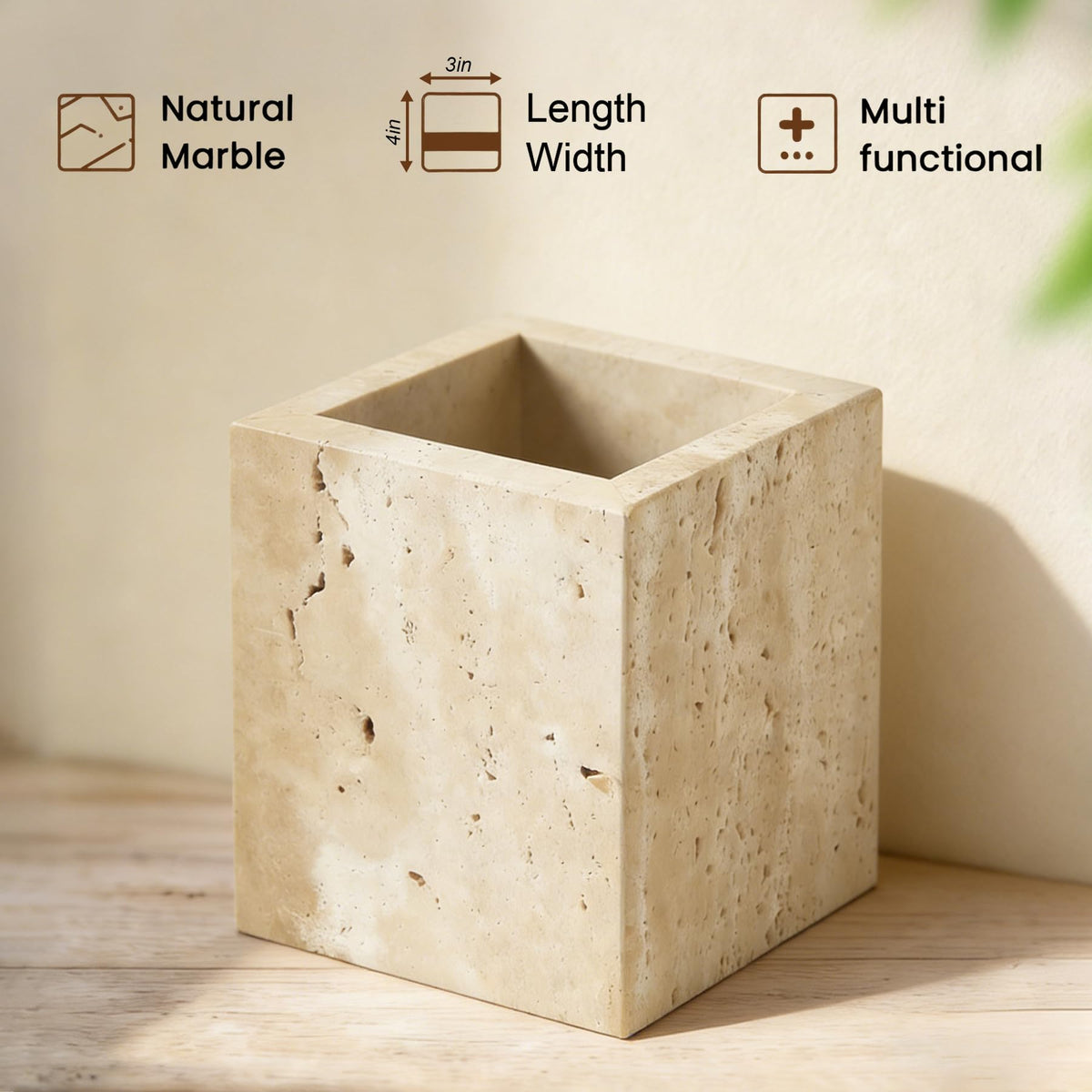 Beige Travertine Natural Marble Toothbrush Holders for Bathroom, Marble Makeup Brush Holder, Pen Pot, Countertop Organizer Barrel Storage Box