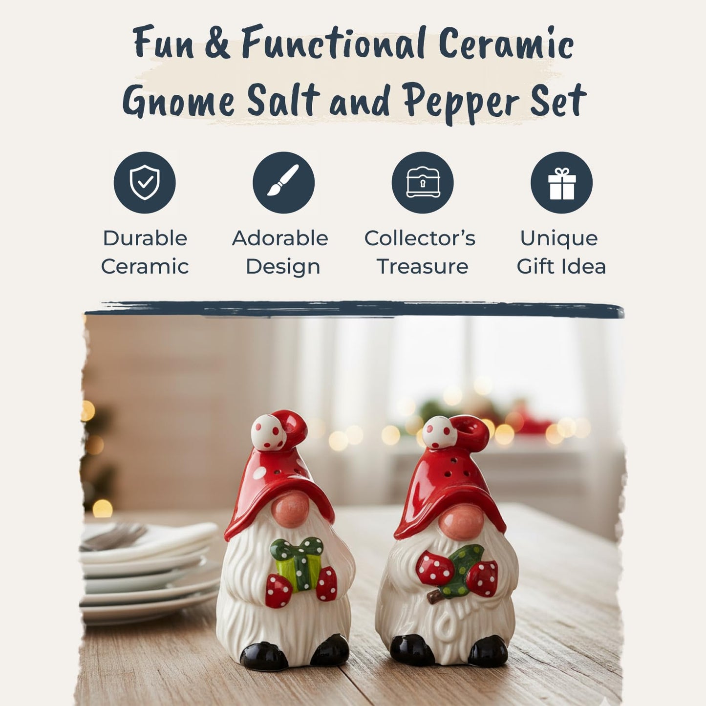 Blue Sky Clayworks Gnome Salt & Pepper Shaker Set, Ceramic, 2" Height, Polka-Dot Caps & Toadstool Cheer
