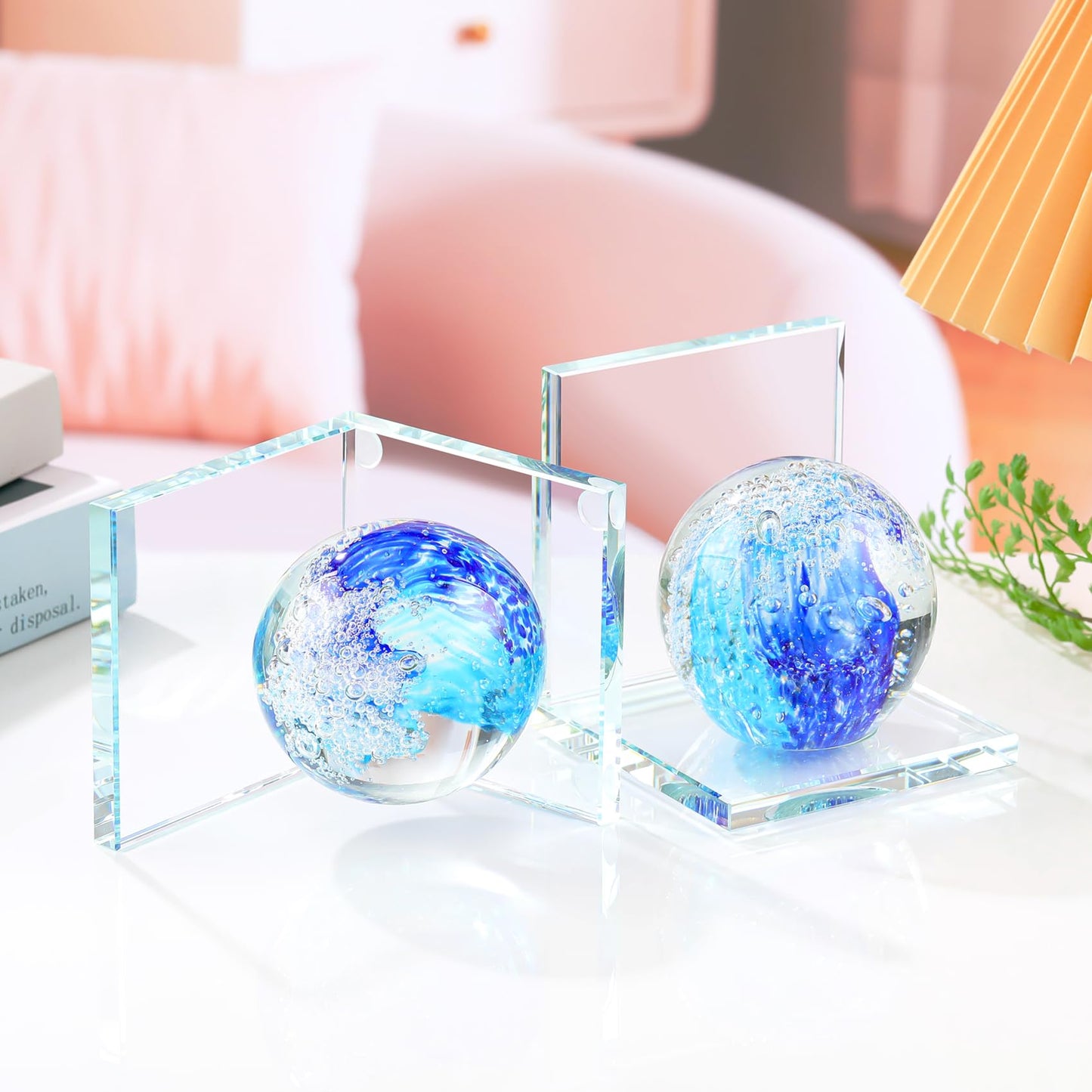Arikyrist 1 Pair Crystal Bookends for Heavy Books with Hand Blown Ocean Waves Ball Glass Decorative Non Skid Bookends for Bookshelf Office Home (Blue)