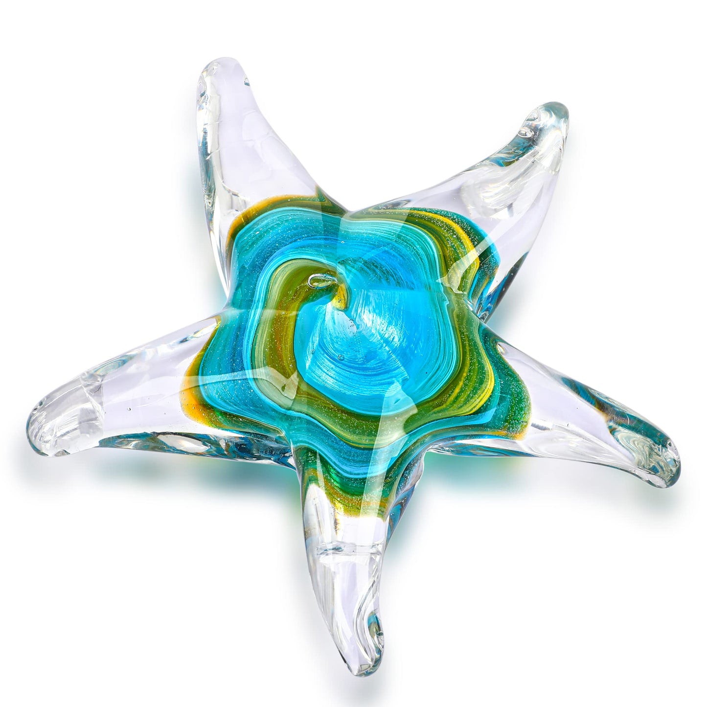 QFkris 5" Glass Star Fish, Crystal Handmade Glass Blown Table Decor, Starfish Figurine, Collectible Ornament,Clear and Green for Women