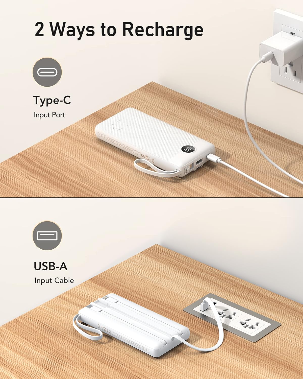 VEEKTOMX Portable Charger Built-in Cables,10000mAh Power Bank for iPhone,Fast Charge USB C Battery Pack Travel Essentials Powerbank Compatible with iPhone 17/16/15/14, Samsung S25/24, Android, etc