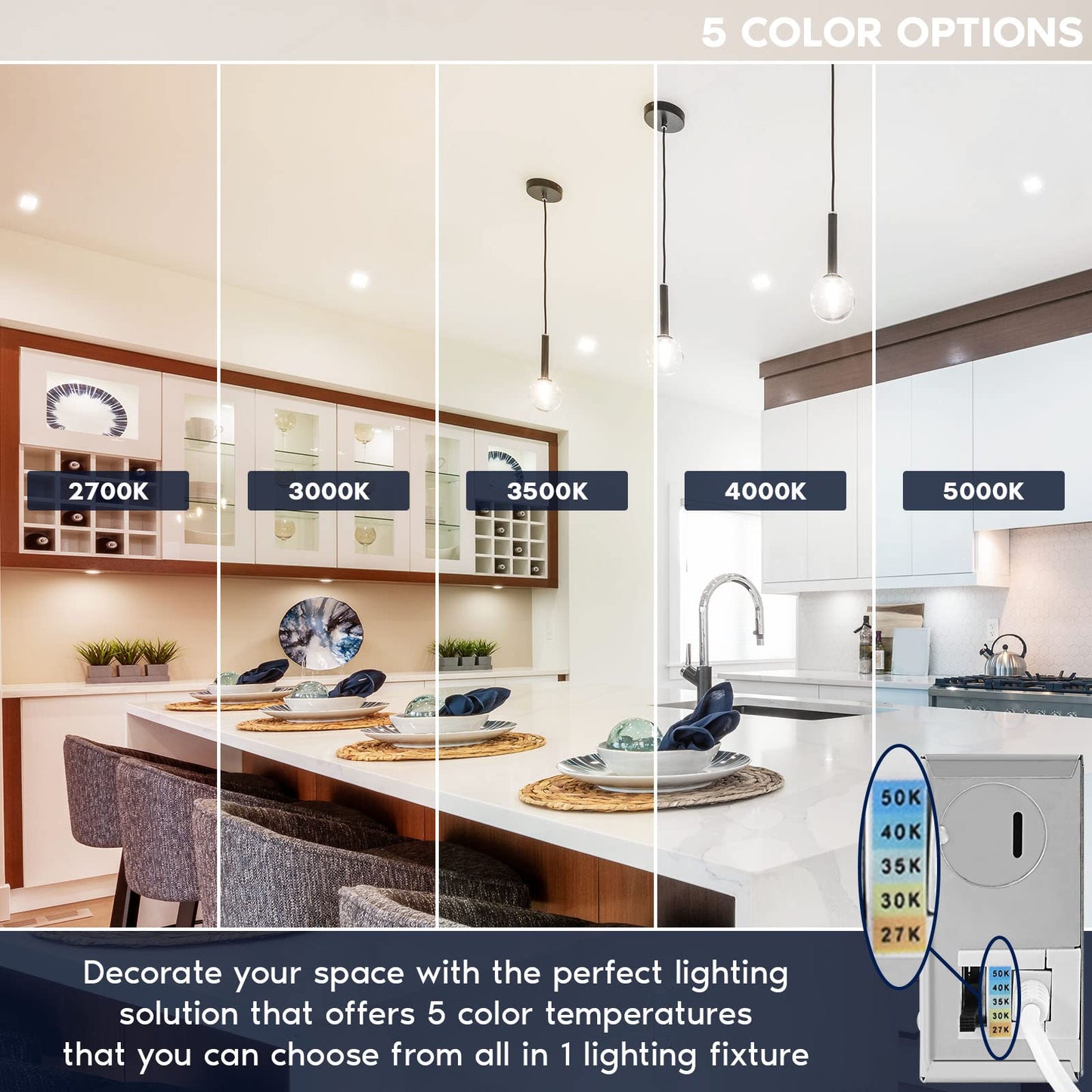 LUXRITE 3 Inch Square LED Recessed Ceiling Light with Junction Box, 10W, 5CCT Selectable 2700K/3000K/3500K/4000K/5000K, 800LM High Brightness, Dimmable Canless Downlight, Wet Rated, ETL (6 Pack)