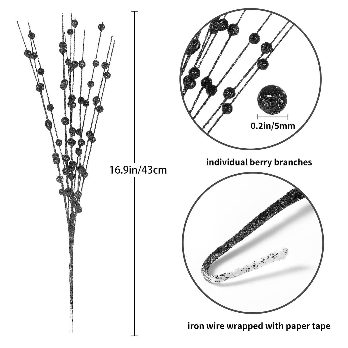 Losris Christmas Artificial Glitter Berry Stem Decorations Decorative Bead Sticks Xmas Picks Glittery Twigs Branches for Christmas Tree Wreath Gift Vase Home Decor Party Ornaments Black 24 PCS