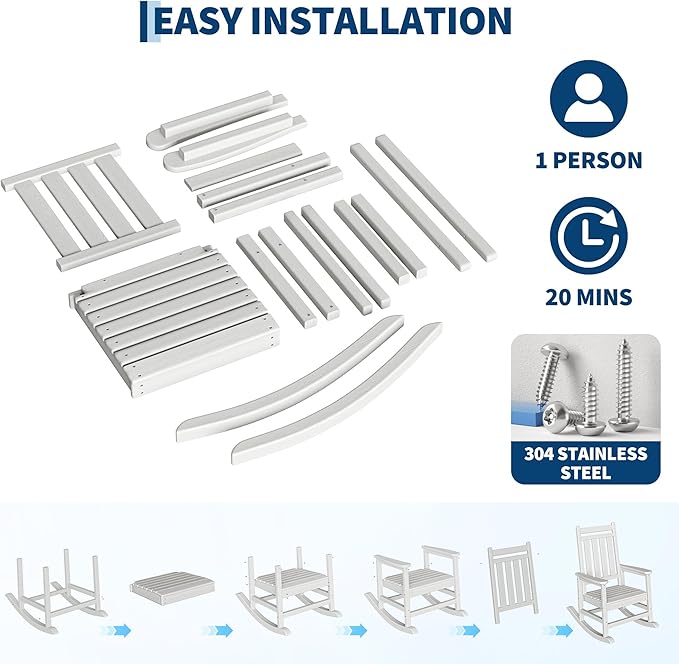 HDPE Rocking Chair Outdoor Set of 2 - Poly High Back Porch Rocker Chairs for Adults - All Weather Resistant Furniture for Patio Front Porch - White