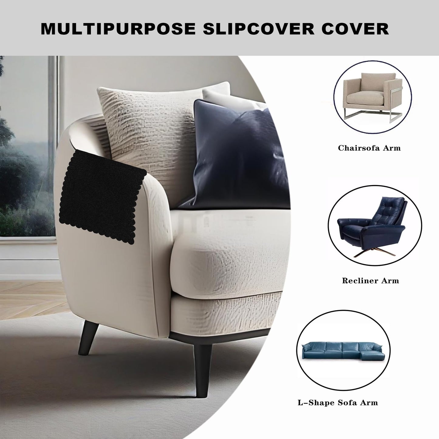 HAPLIFEZ Sofa Arm Covers, Non Slip Washable Couch Armrest Protectors Set of 2 - Linen Fabric Pet Proof Furniture Covers for Recliner, Sectional, L Shaped Couches, 18x24 Inch, Wavy Border, Black