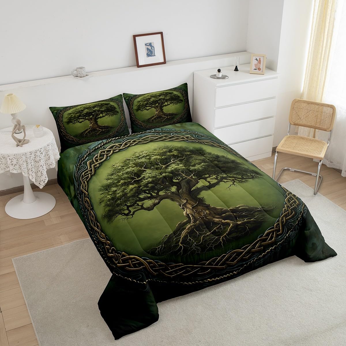 Tree of Life Teens Comforter Set,Boho Tribal Tree Branches Mystic Green Bedding Set All Season,Exotic Style Geometric Circle Mandala Comforter 3 Pcs with 2 Pillowcases,Queen Size
