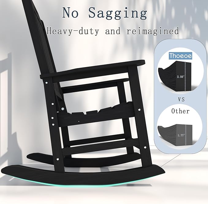 Oversized Rocking Chair Set of 2, Outdoor Rocking Chair for Adults, All Weather Resistant Porch Rocker for Lawn Garden, Black