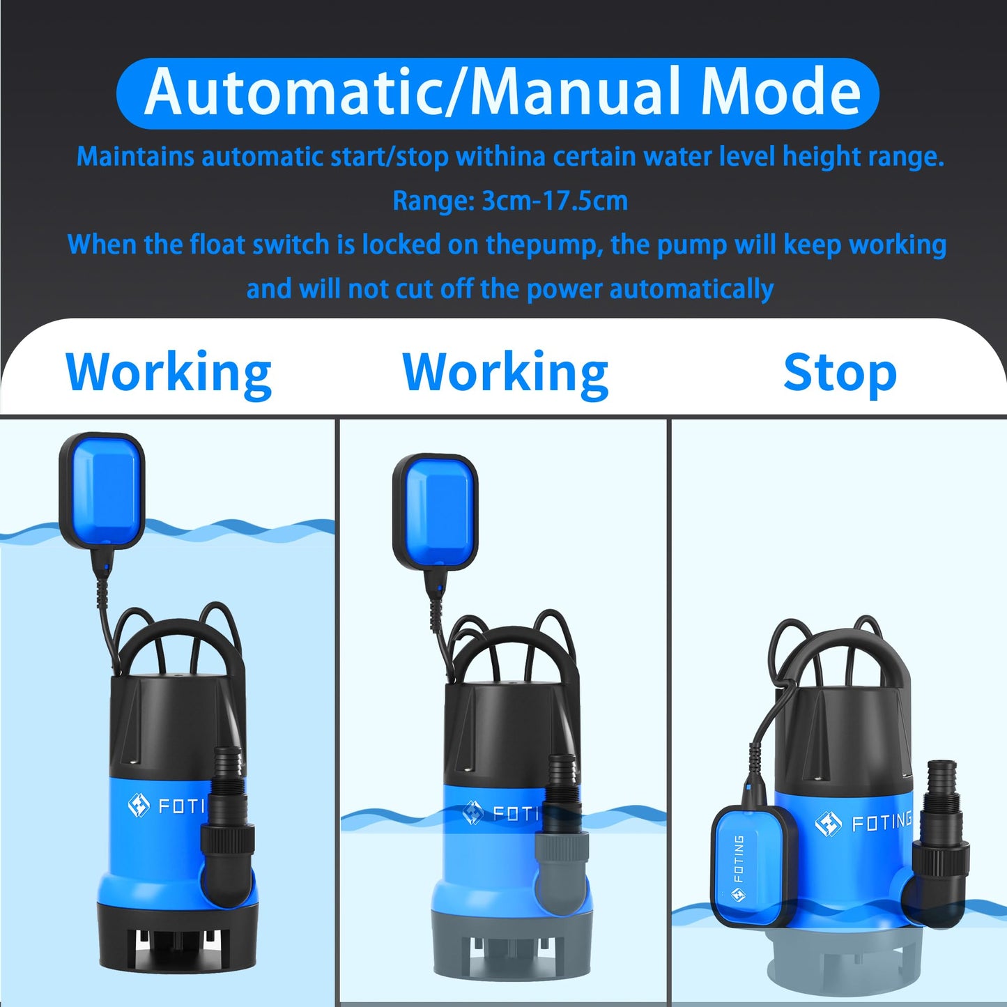 FOTING 900W Submersible Water Pump for Dirty/Clean Water, 14000 L/H Electric Sump Pump with Float Switch, Portable Water Pump to Empty Pool, Drainage Pump for Garden Pond, Pools, Hot Tub, Ditches