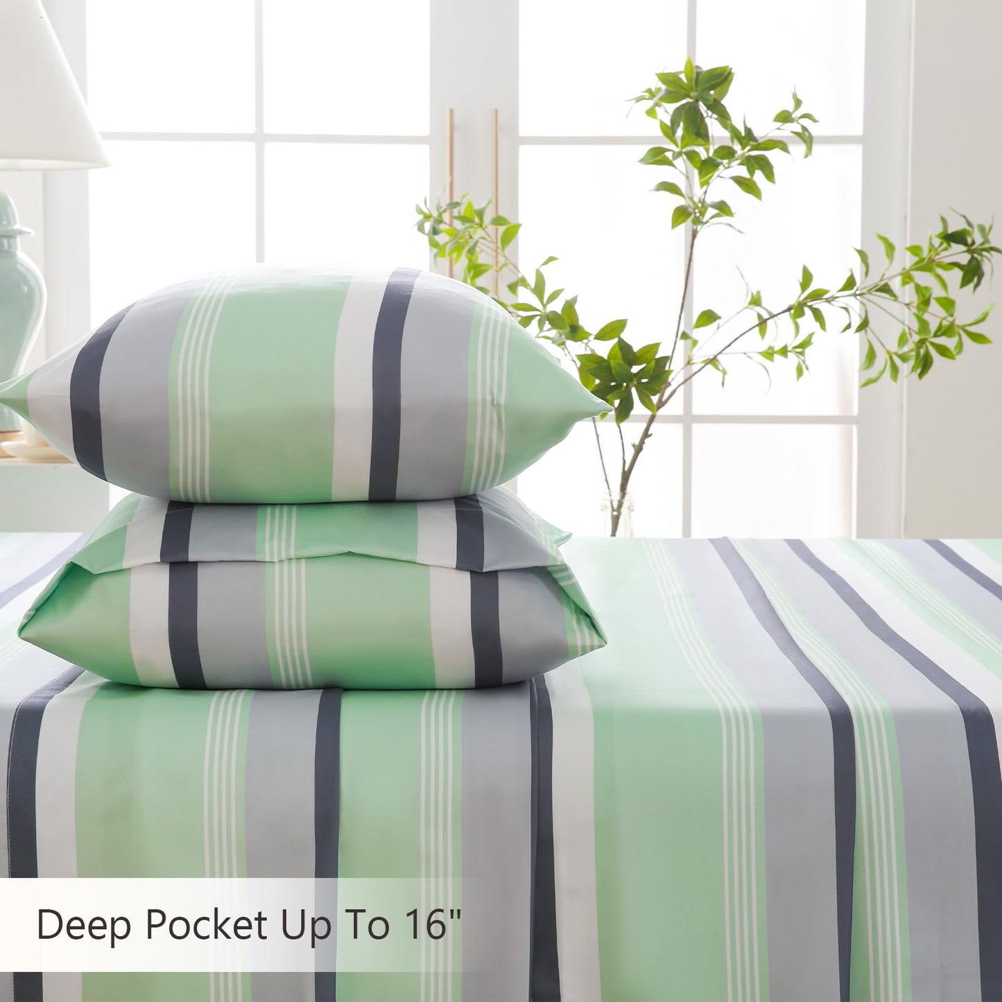 MCO 4Pieces Striped Sheets Set, Breathable King Sheet Set with 16" Deep Pocket,Modern & Luxury, Brushed Microfiber Bedding Set(King, Green Gray)
