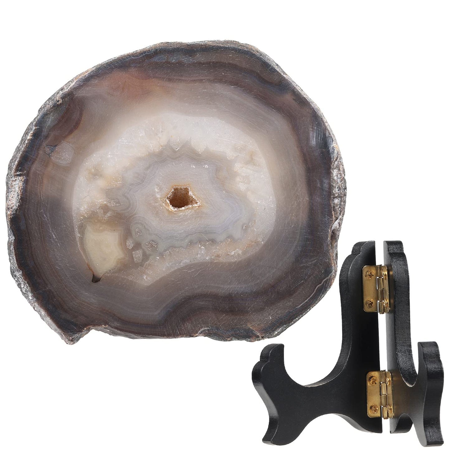 Nupuyai Natural Agate Stone Slice Decor for Home Office, Irregular Geode Agate Painting Artwork with Wooden Stand, Polar Bear