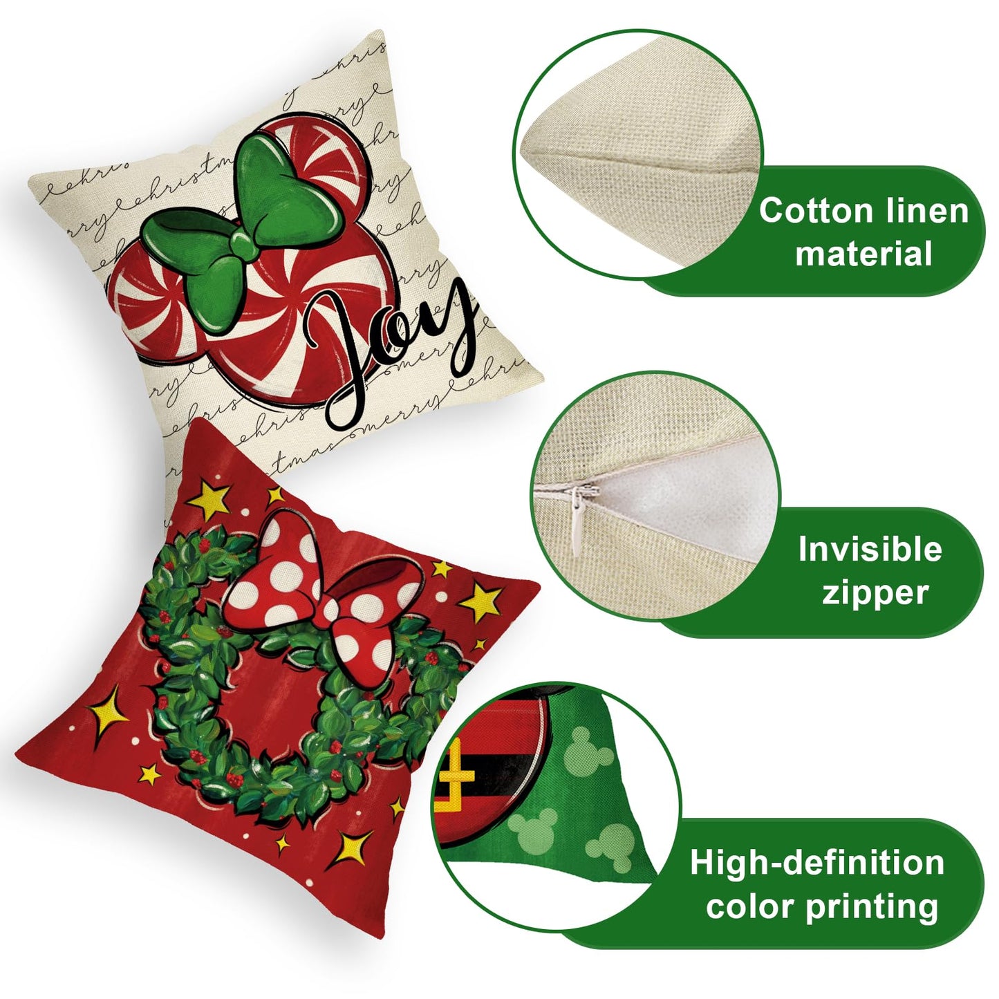 Ussap Merry Christmas Decorative Throw Pillow Covers 18 x 18 Set of 4, Xmas Candy Cane Wreath Red Green Bow Cushion Case Decor, Noel Joy Winter Holiday Farmhouse Home Sofa Couch Decoration